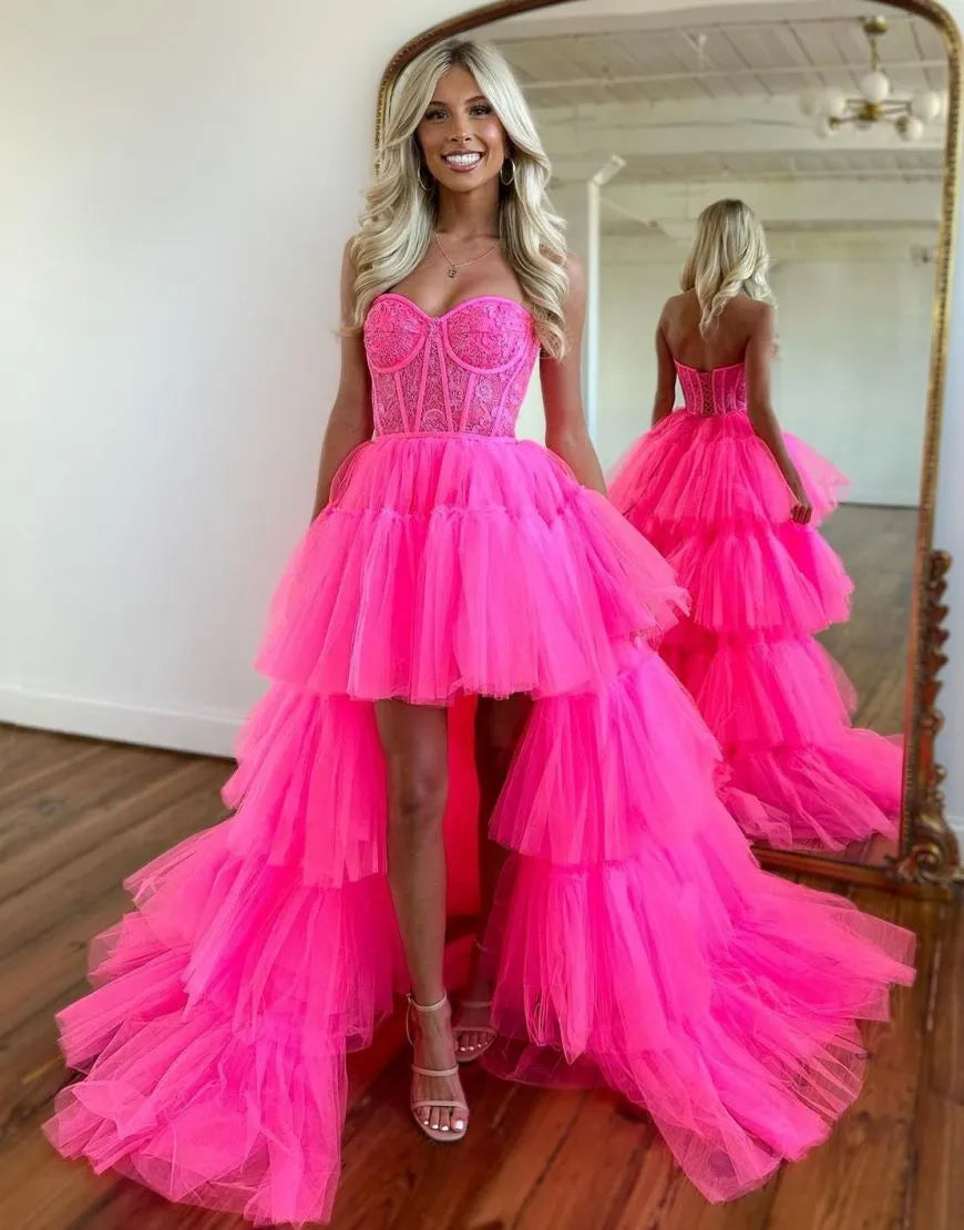 Wholesale Hot Pink High Low Sweetheart Tiered Prom Dress prom dresses shops